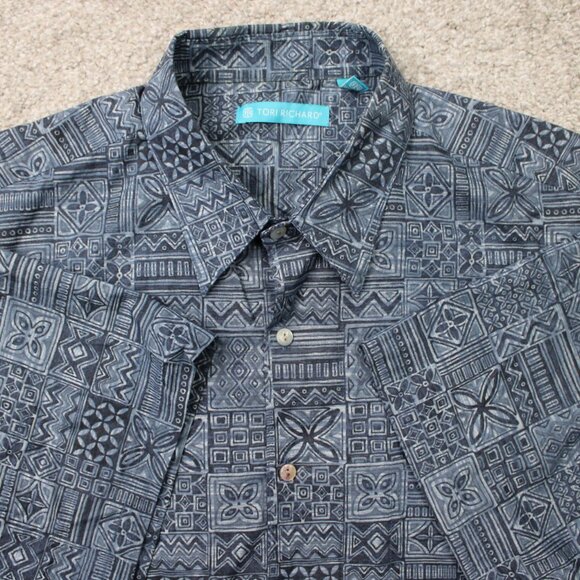 Tori Richard Shirt Men Large Blue Geometric 100% Cotton Lawn Short Sleeve Button - Picture 7 of 13